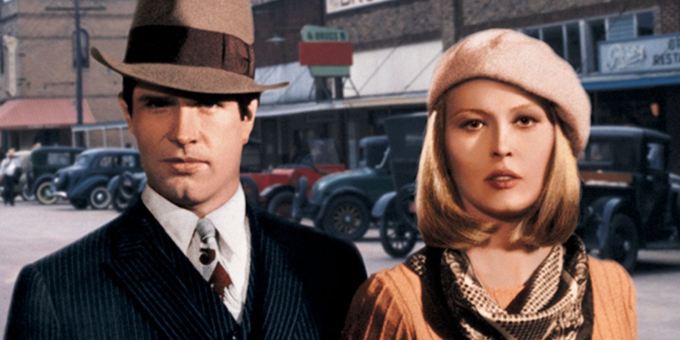 Bonnie and Clyde standing together in the street.