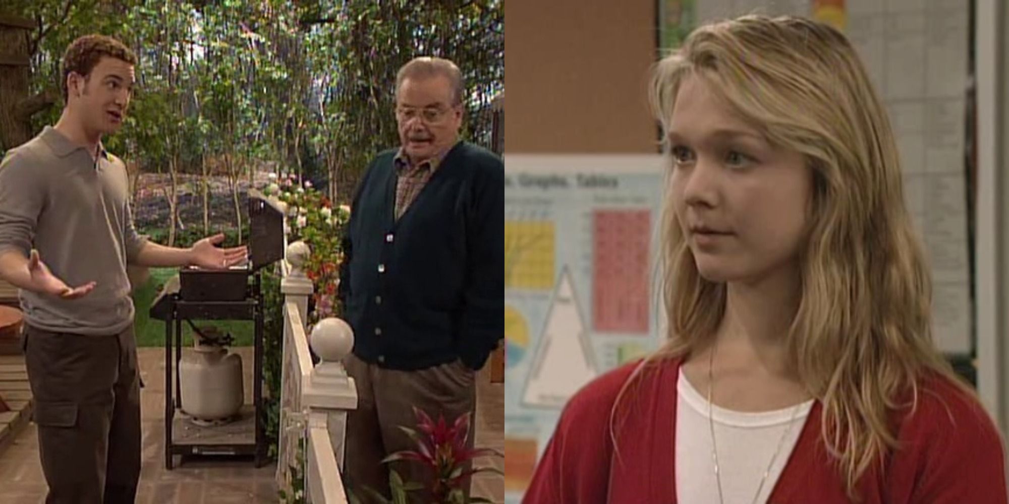 Split image showing Cory and Mr- Finney and Claire in Boy Meets World