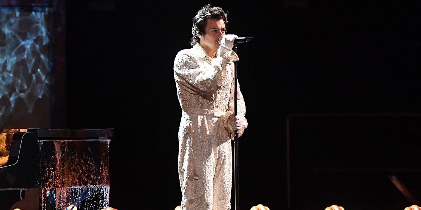 Harry Styles performing on stage at the 2020 Brit Awards