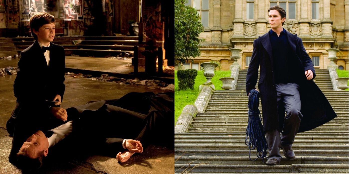 Split image of Bruce mourning over his parents' bodies and fully grown back at Wayne Manor in Batman Begins