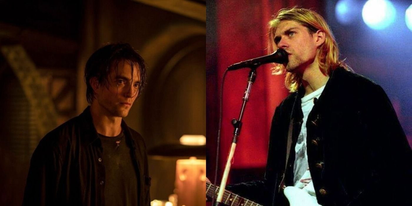 Split image of Robert Pattinson as Bruce Wayne and Kurt Cobain performing in the '90s