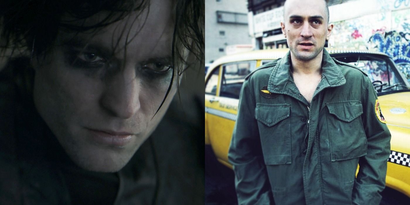 Split image of Bruce Wayne without his cowl and smeared eyeliner and Travis Bickle in Taxi Driver
