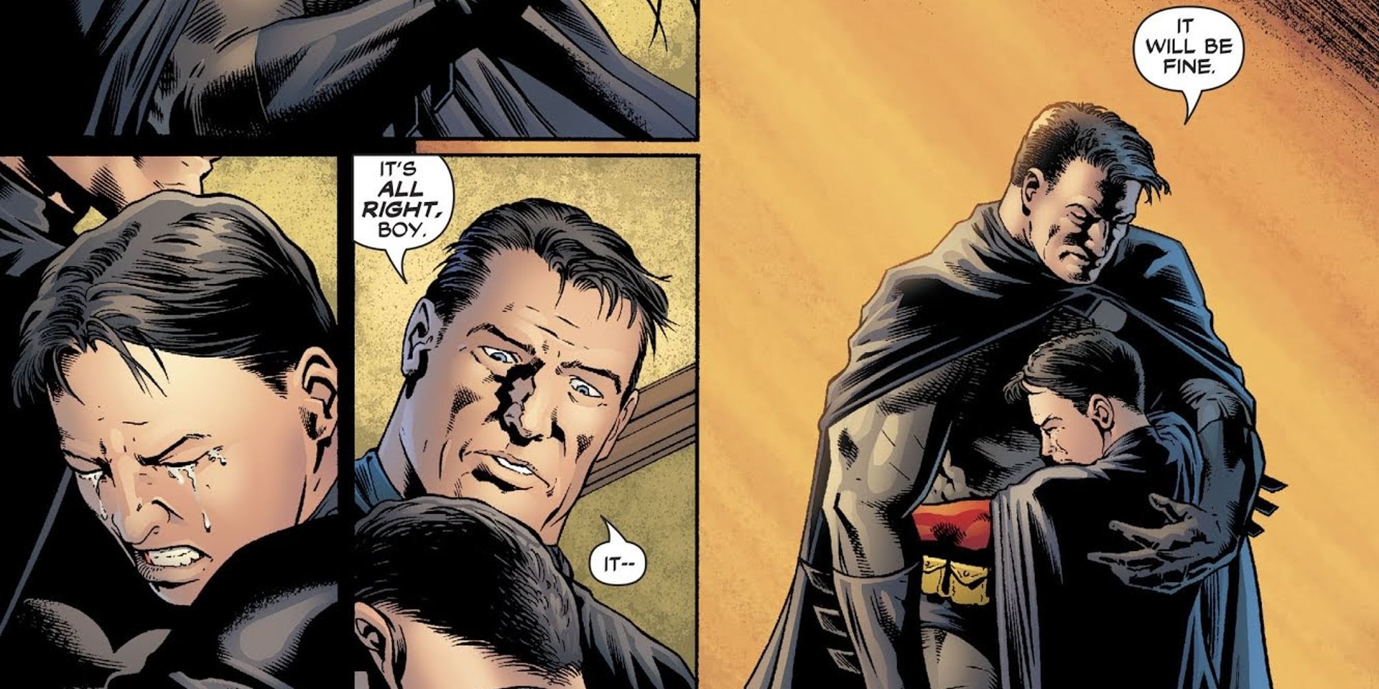 Bruce Wayne hugging Tim Drake as his newly adopted son in Batman Face To Face