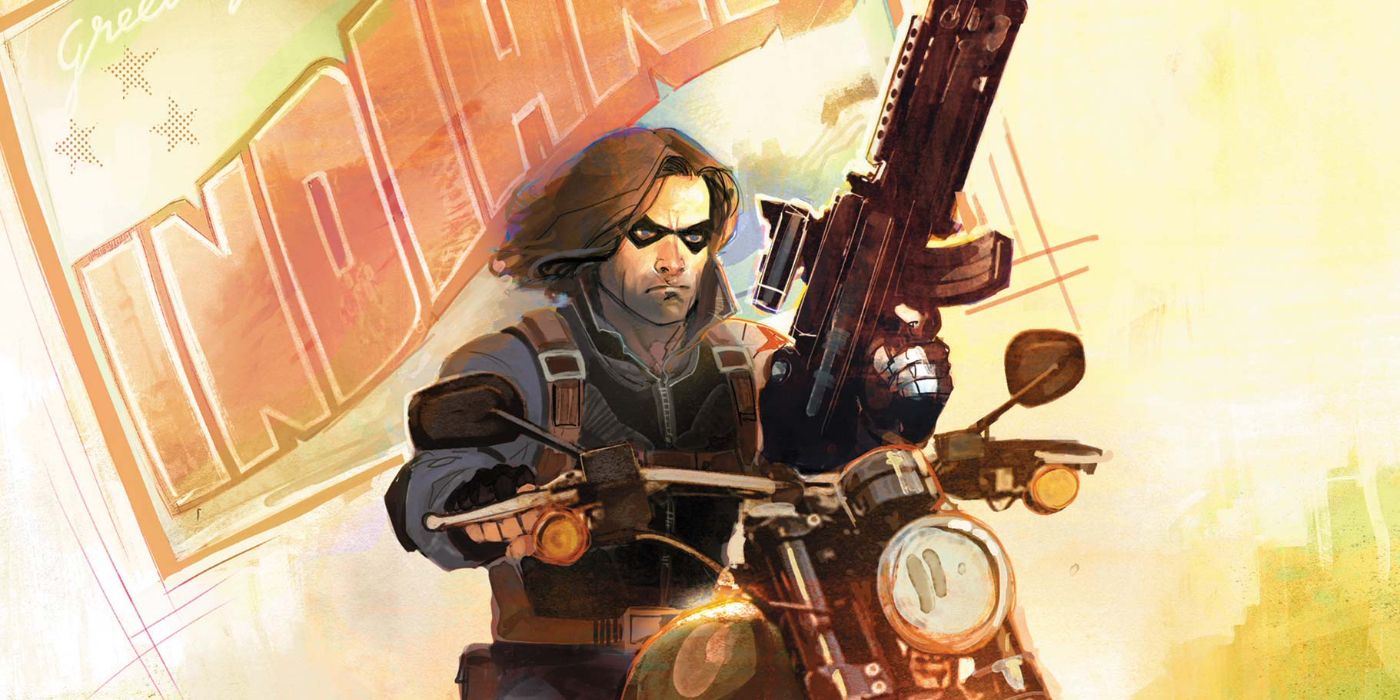 Bucky Barnes andando de moto e segurando uma arma na Marvel Comics