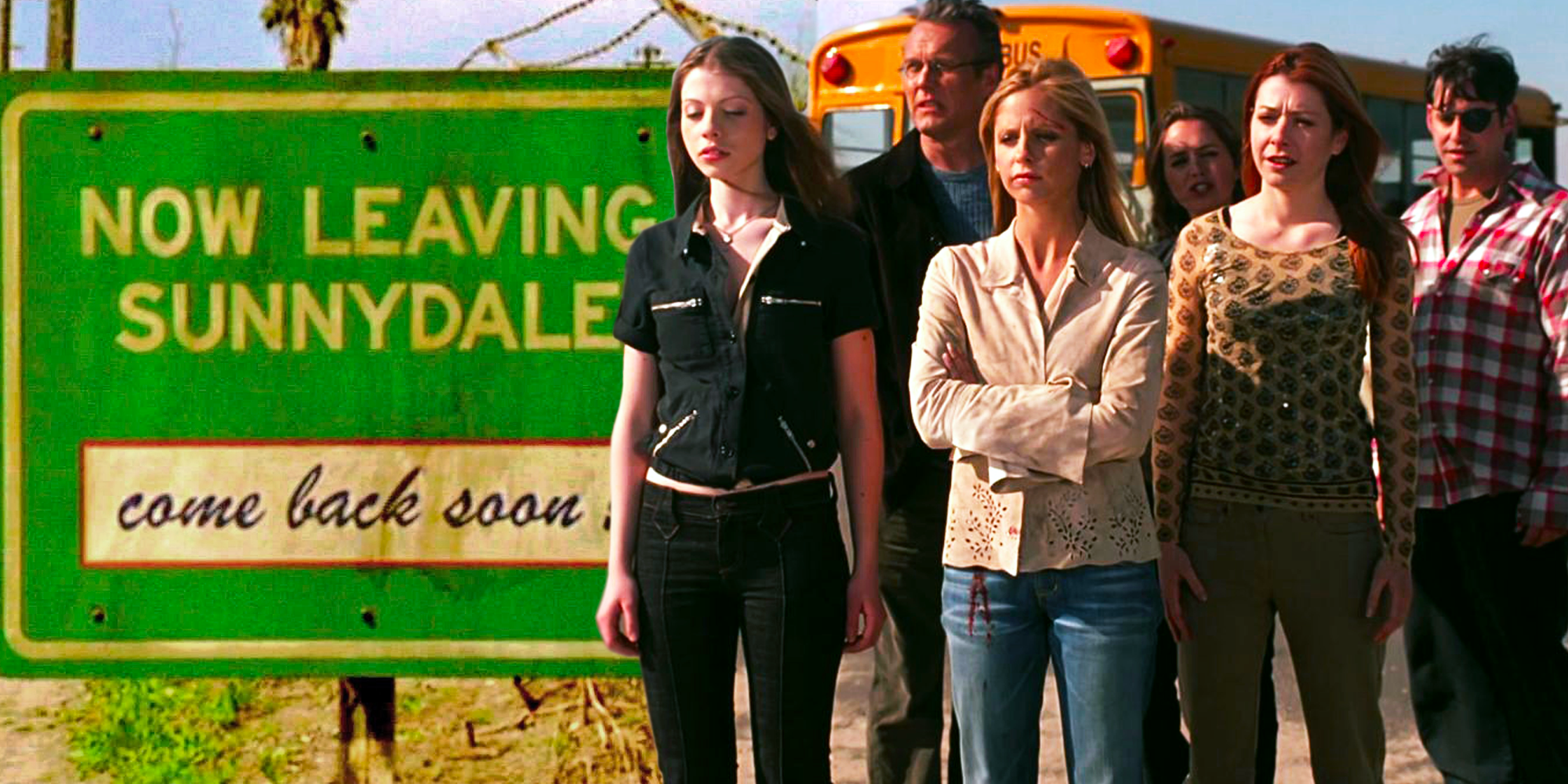 An image of Buffy and the Scooby gang standing next to the sign