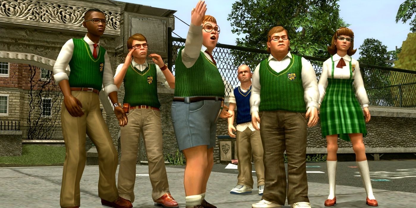 Characters stood on a playground in Rockstar Games' Bully