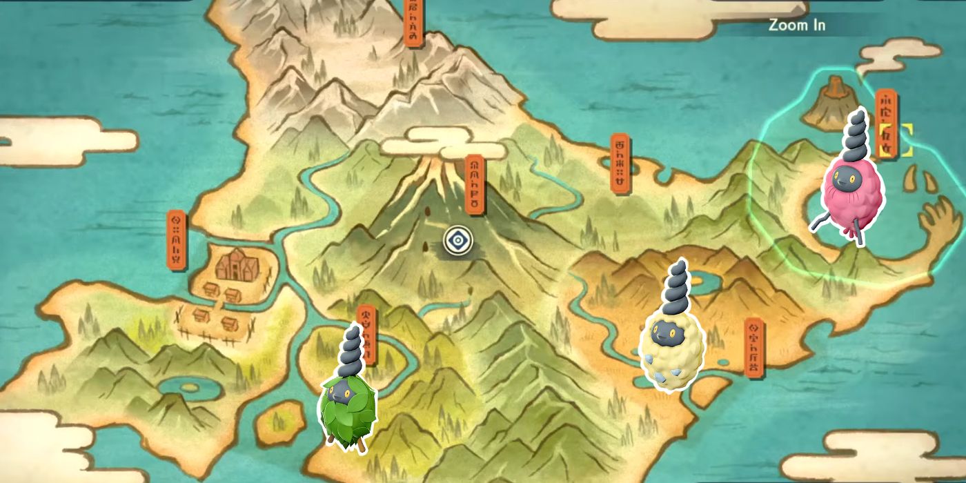 O mapa de Pokémon Legends- Arceus com as localizações de Burmy em destaque