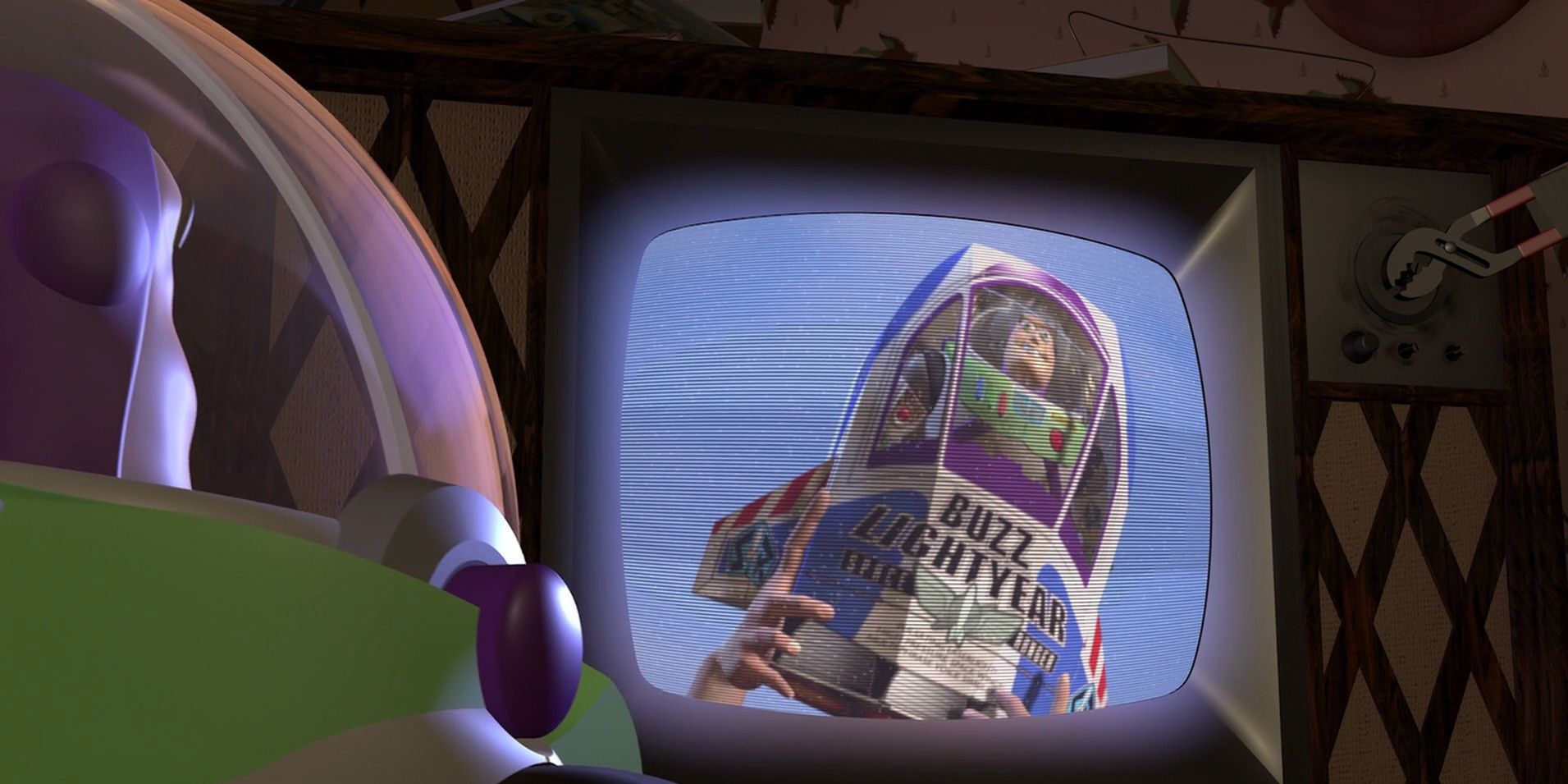 Buzz Lightyear watches the Buzz Lightyear toy commercial in Toy Story.