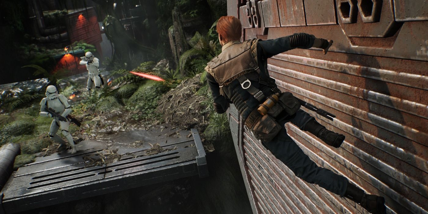Cal Kestis engaging in parkour-platforming and combat against Storm Troopers in Star Wars Jedi: Fallen Order