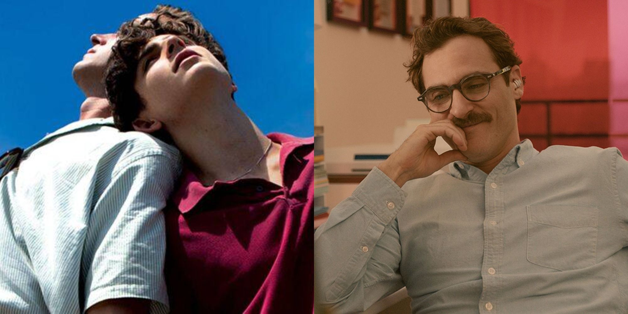 Split image showing Elio and Oliver in Call Me By Your Name and Theodore in Her