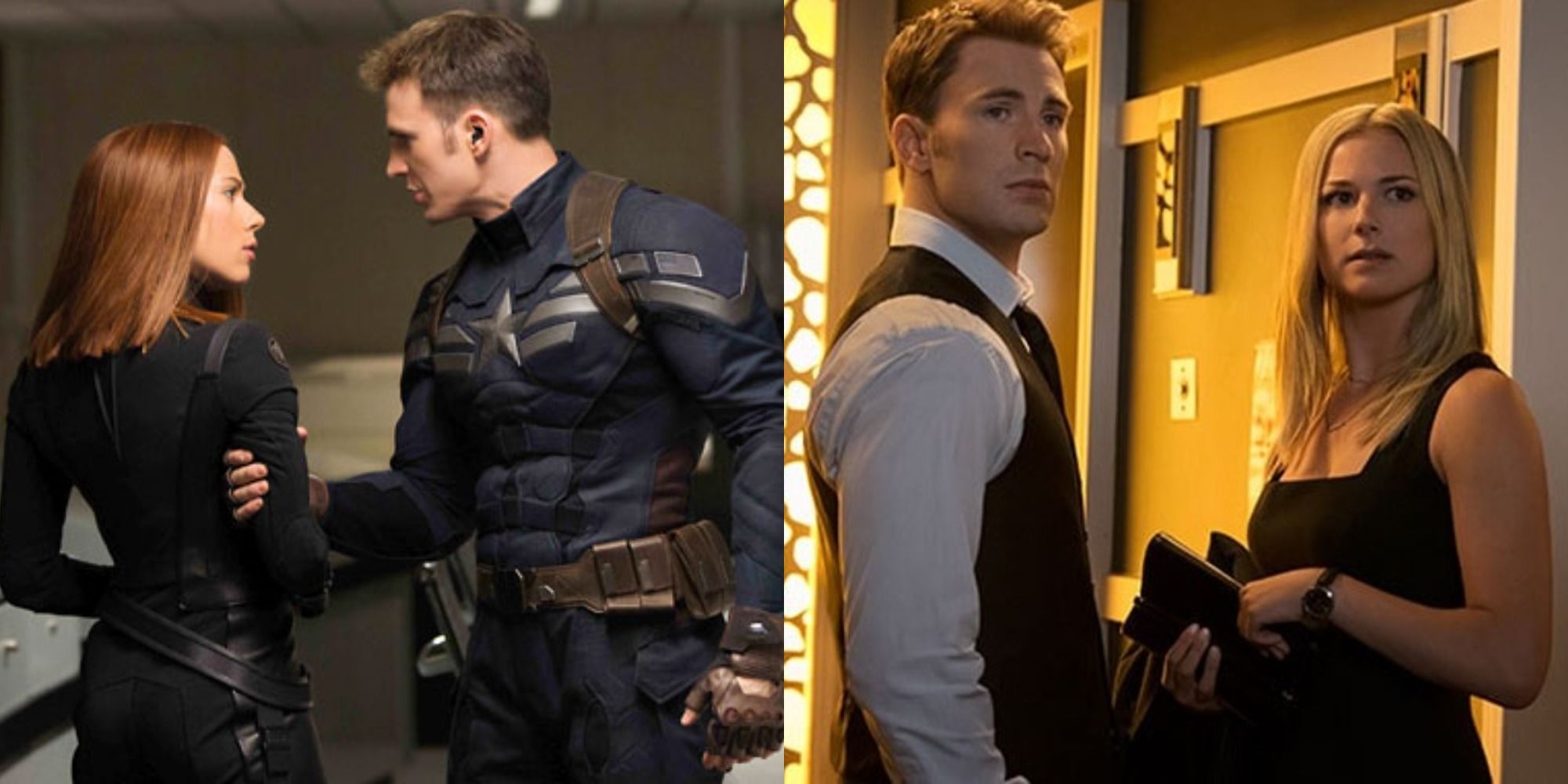 Split image showing Natasha and Steve and Sharon and Steve in Captain America