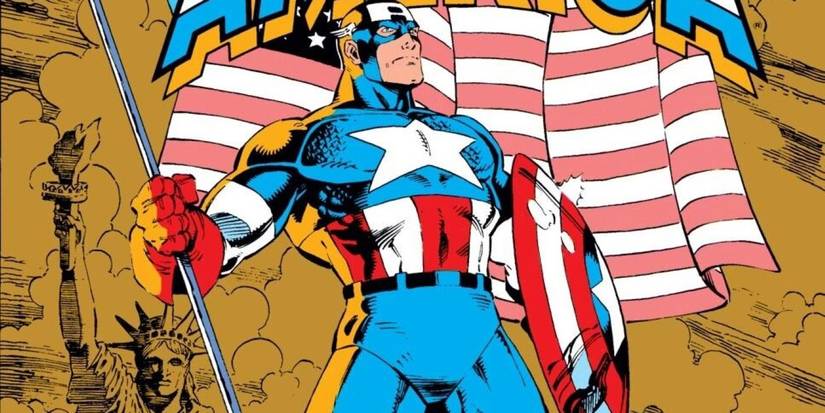 Captain America standing holding a flag pole and his shield, against a backdrop of the Statue of Liberty.