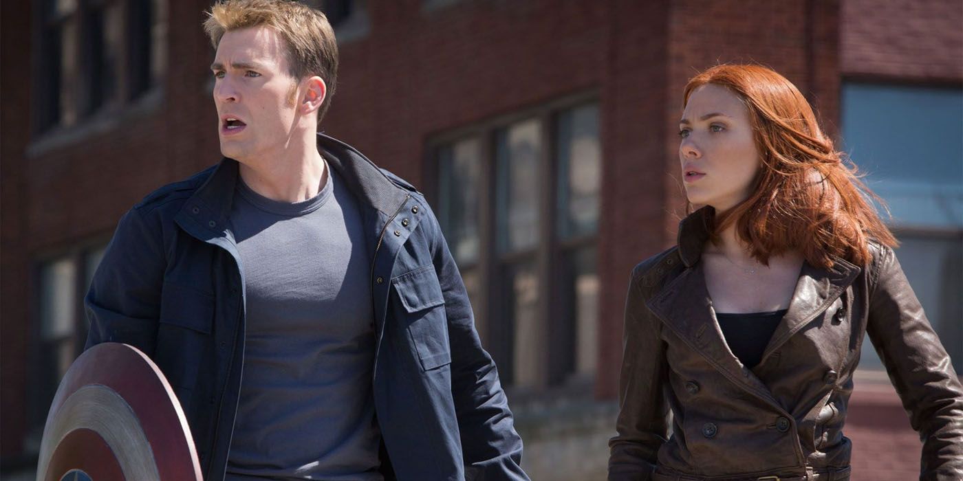 Captain America and Black Widow standing in the streets.