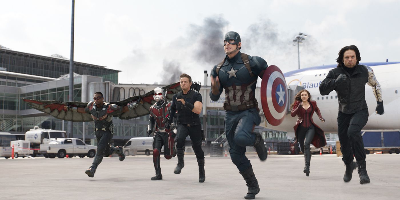 Captain American and his allies rushing into battle in Civil War.