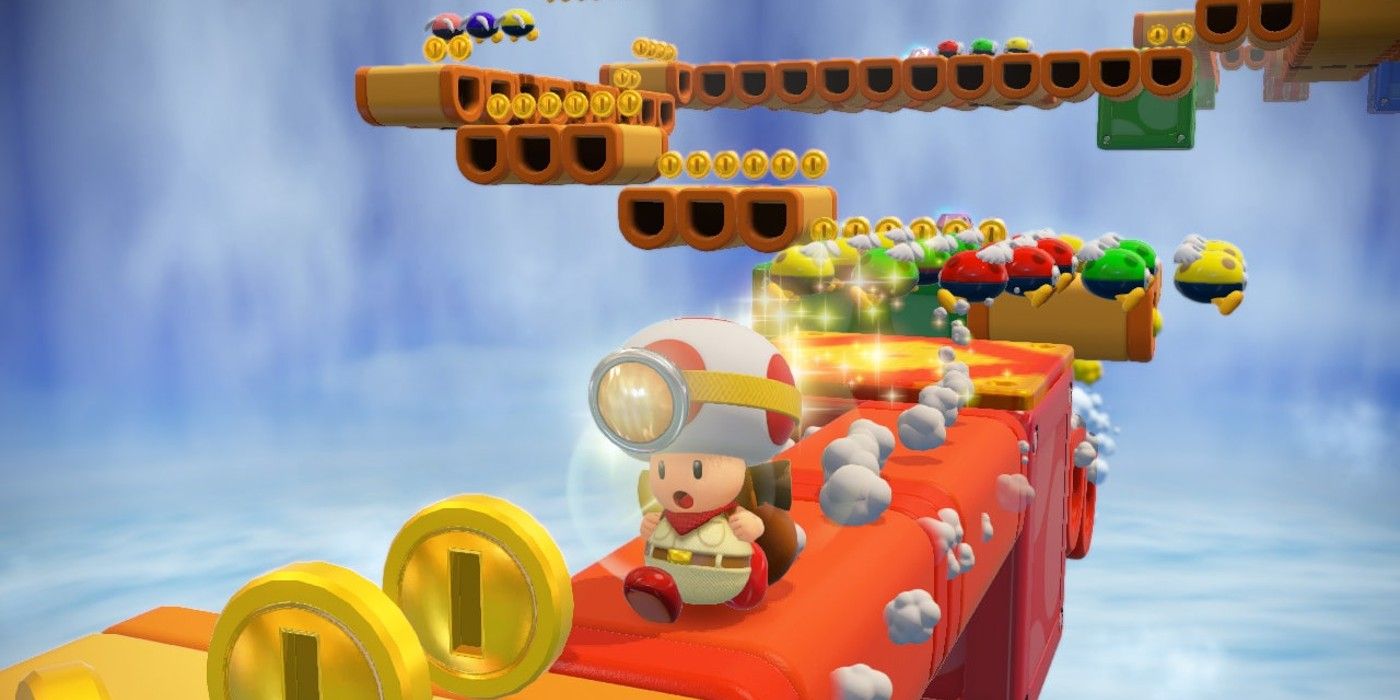 Captain Toad solves a puzzle and collects coins 
