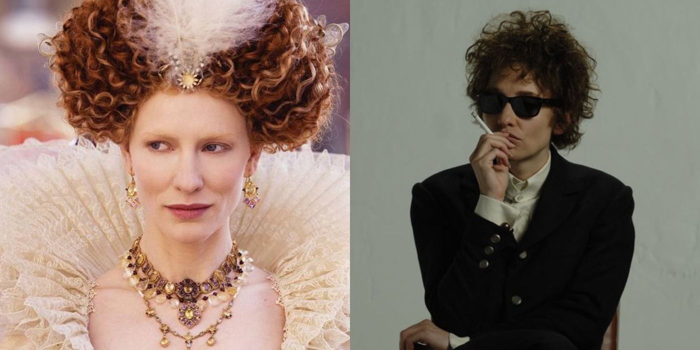 Split image of Cate Blanchett in Elizabeth The Golden Age and I'm Not There