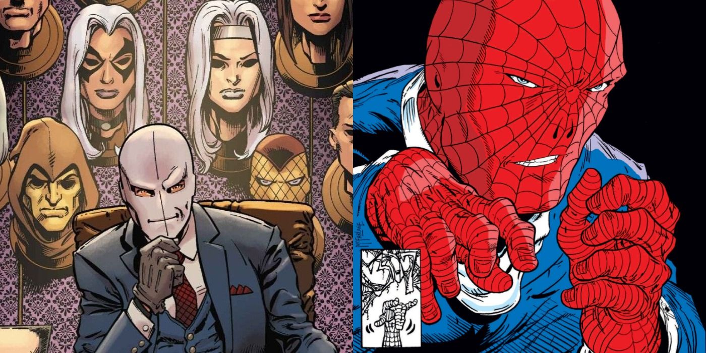Split image of Chameleon with many masks and disguised as Spider-Man in Marvel Comics.