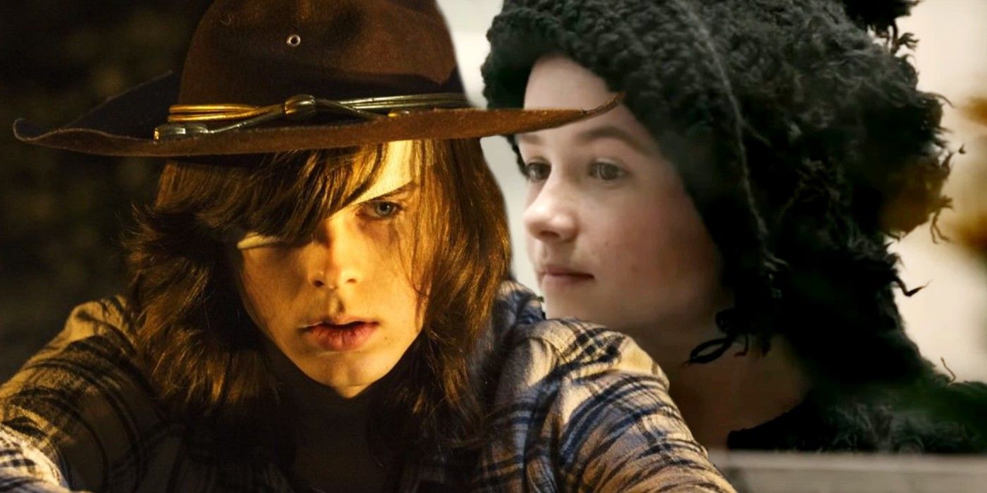 Chandler Riggs as Carl and Cailey Fleming as Judith in Walking Dead