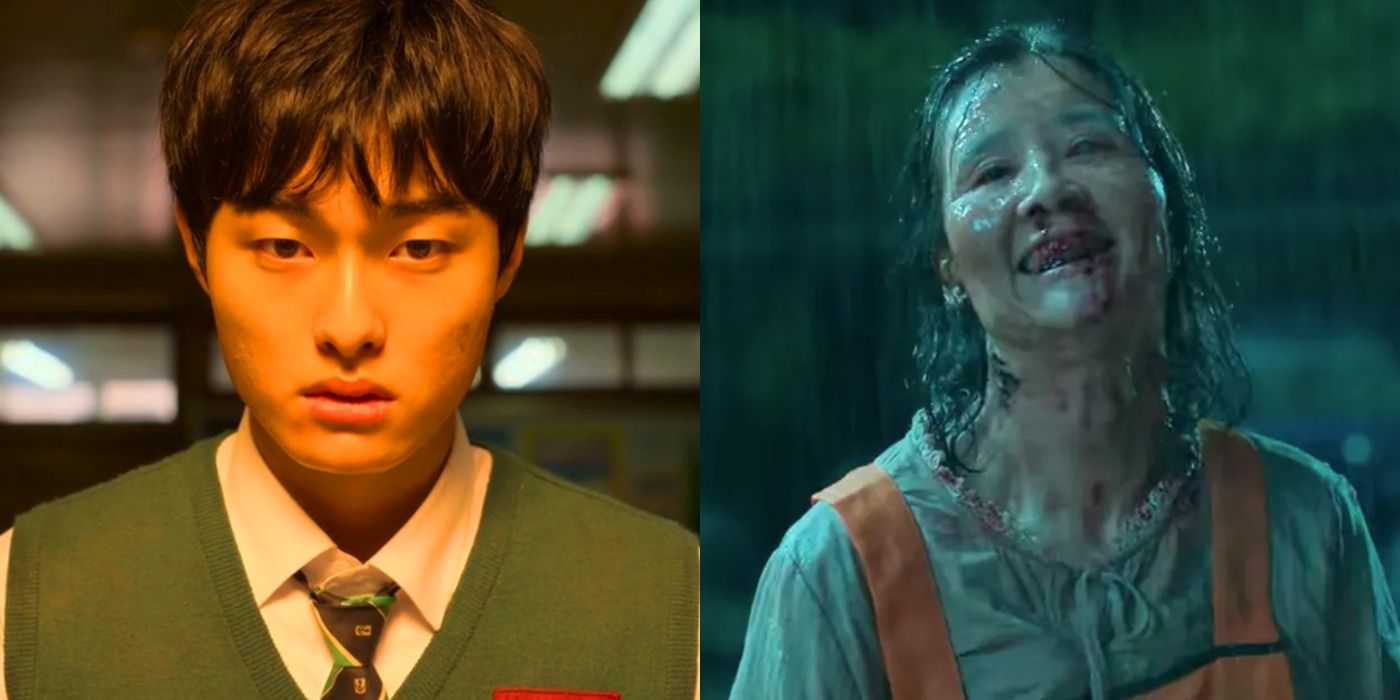 A split image showing Cheong-san and Ji-hyun in All of Us Are Dead.