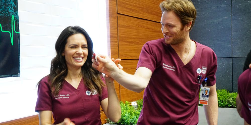 Natalie and Will laugh together in the hospital on Chicago Med