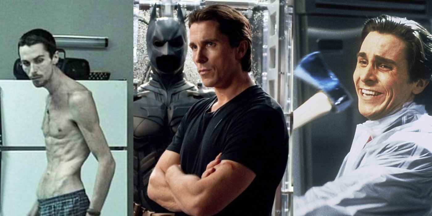 Side by side of Christian Bale in The Machinist, Batman Begins, and American Psycho