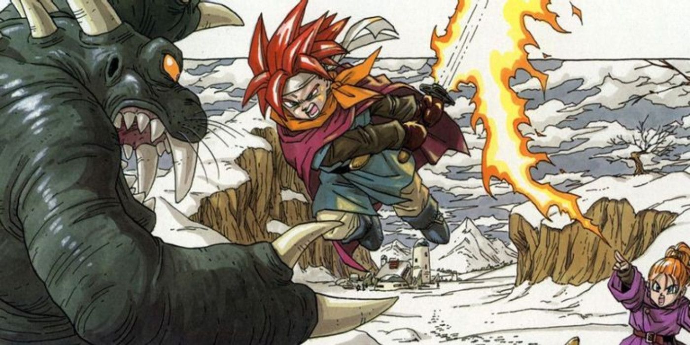 Chrono Trigger box art featuring Chrono and Marle fighting against a beast