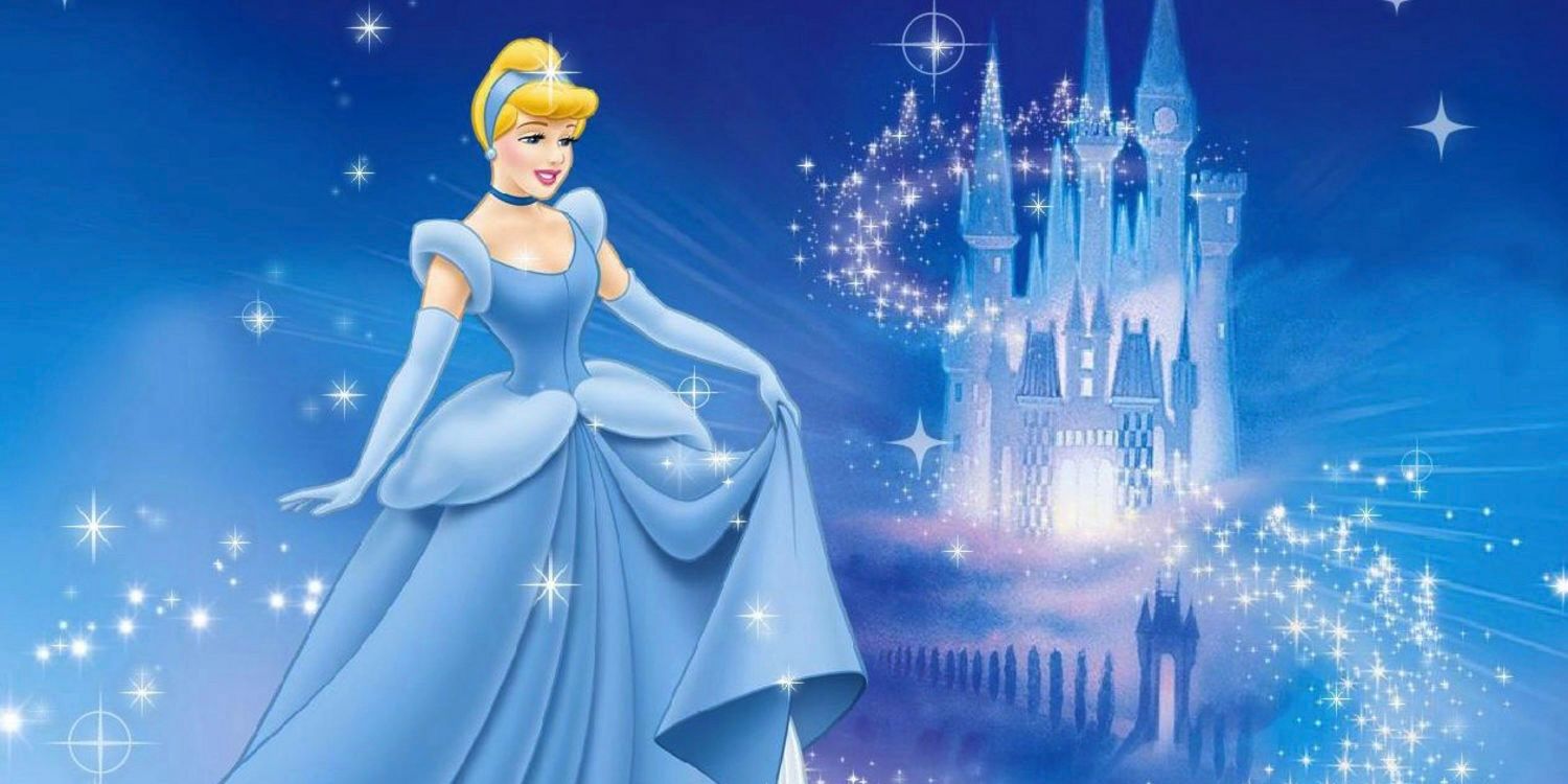 Cinderella holding her dress in front of a castle