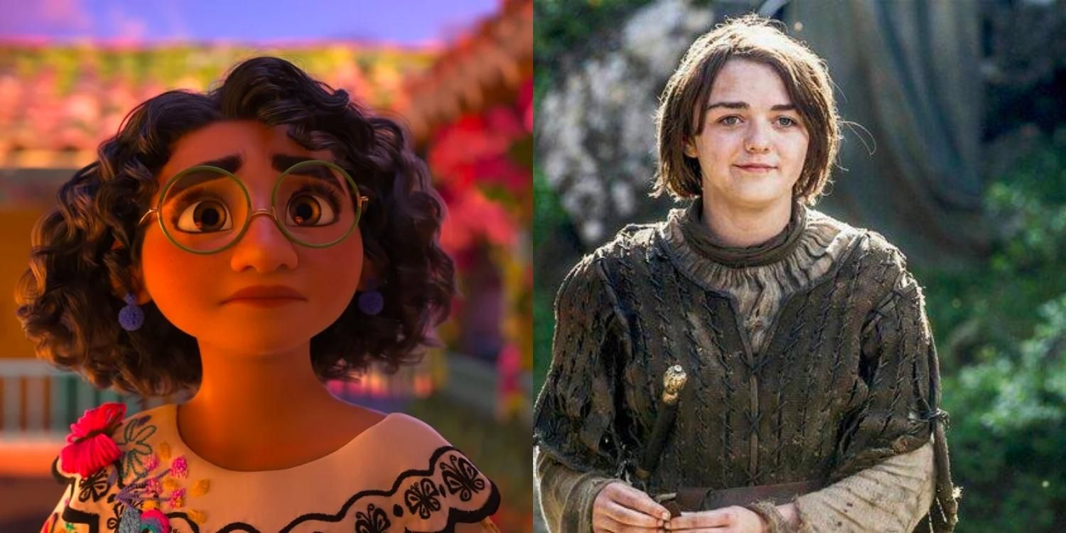Closeups of Mirabel in Encanto and Arya in Game of Thrones