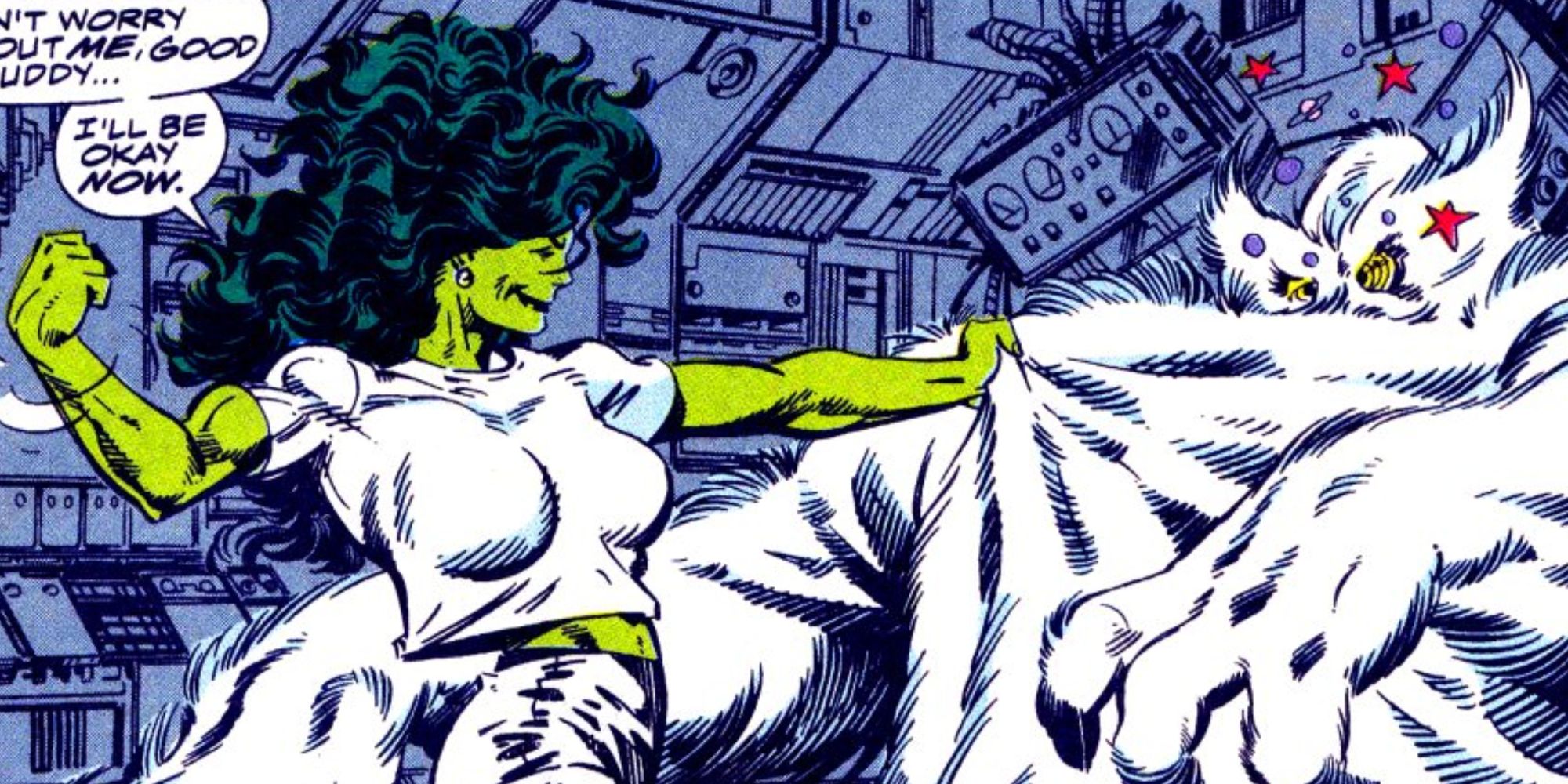 She-Hulk fights Xemnu in Marvel Comics.