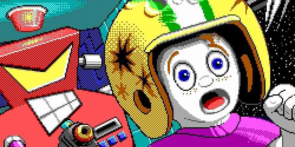 Commander Keen is rendered in sweet DOS graphics being chased by a robot.