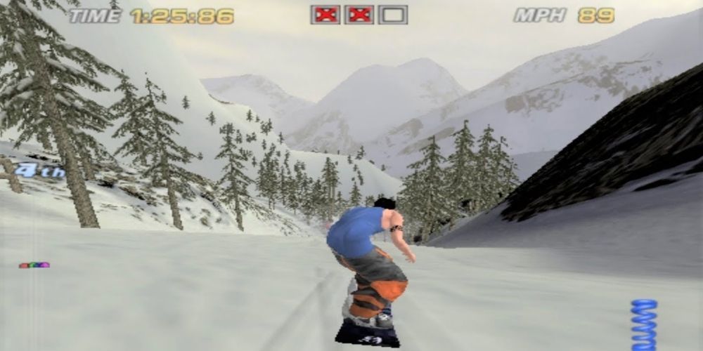 A player makes his way down down a tree-lined slope in Cool Boarders 2001