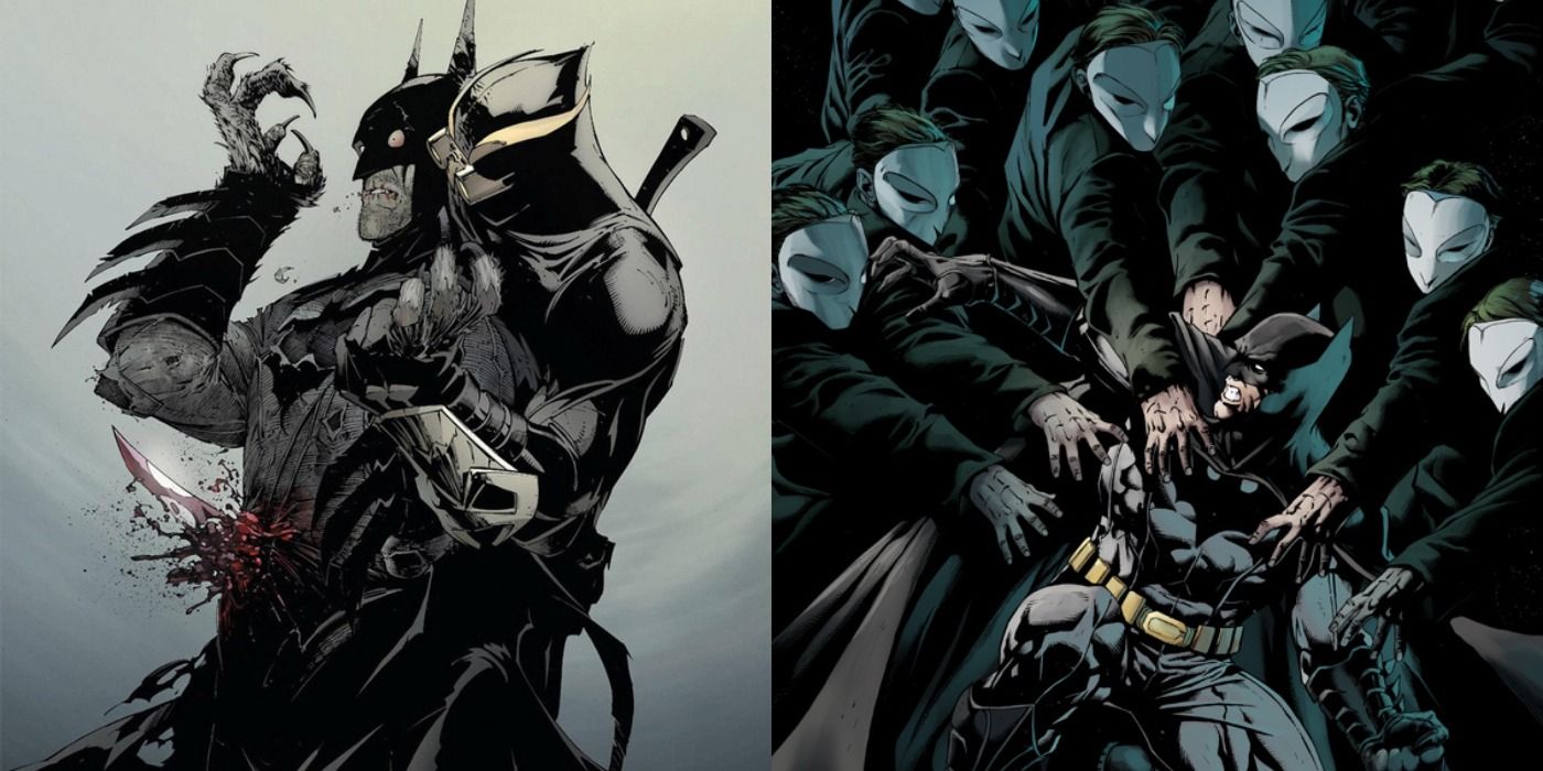 Split image of Batman being stabbed by Talon and swarmed by members of the Court of Owls