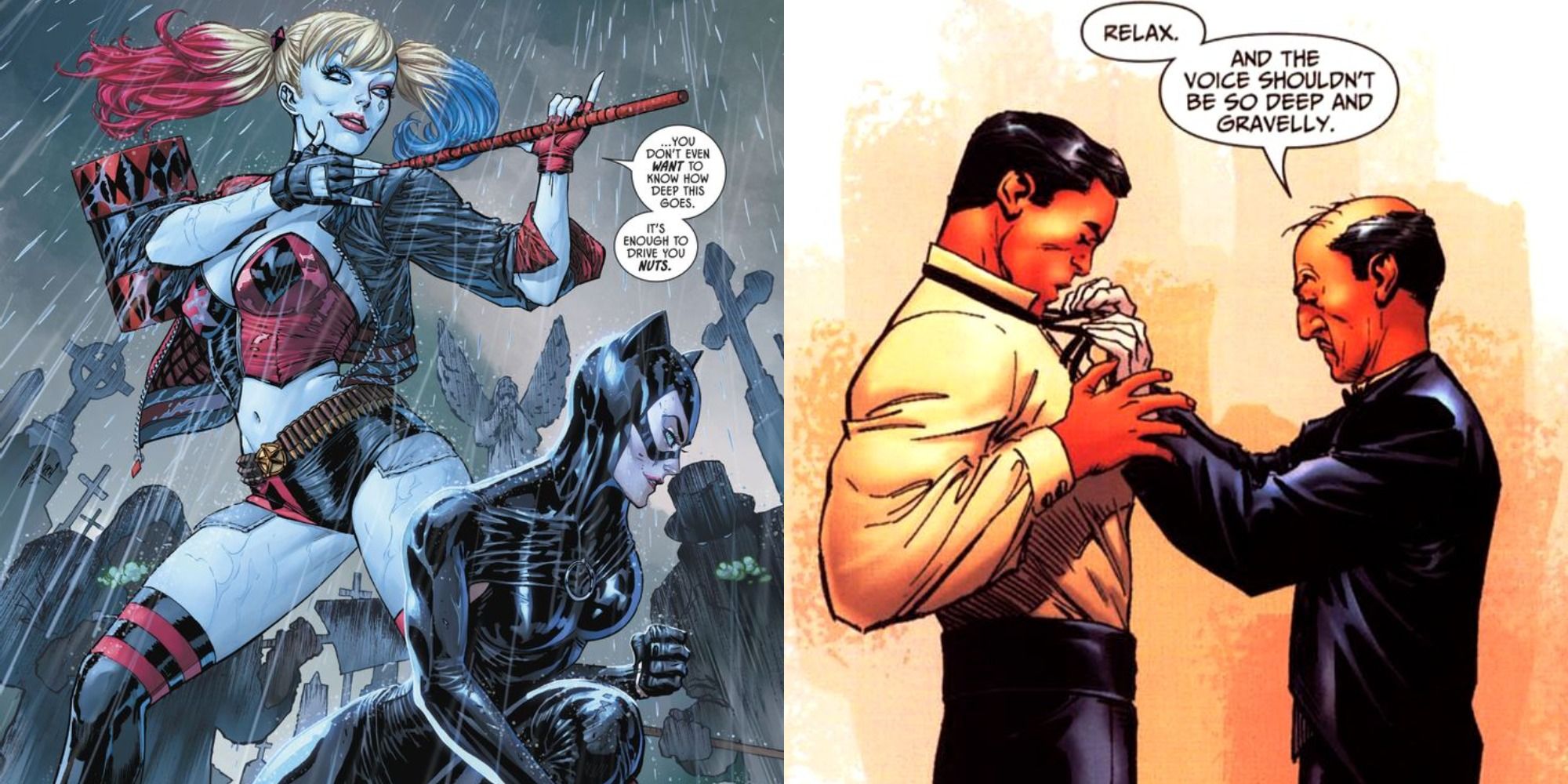 Split image showing Harley and Catwoman and Bruce and Alfred in the comics