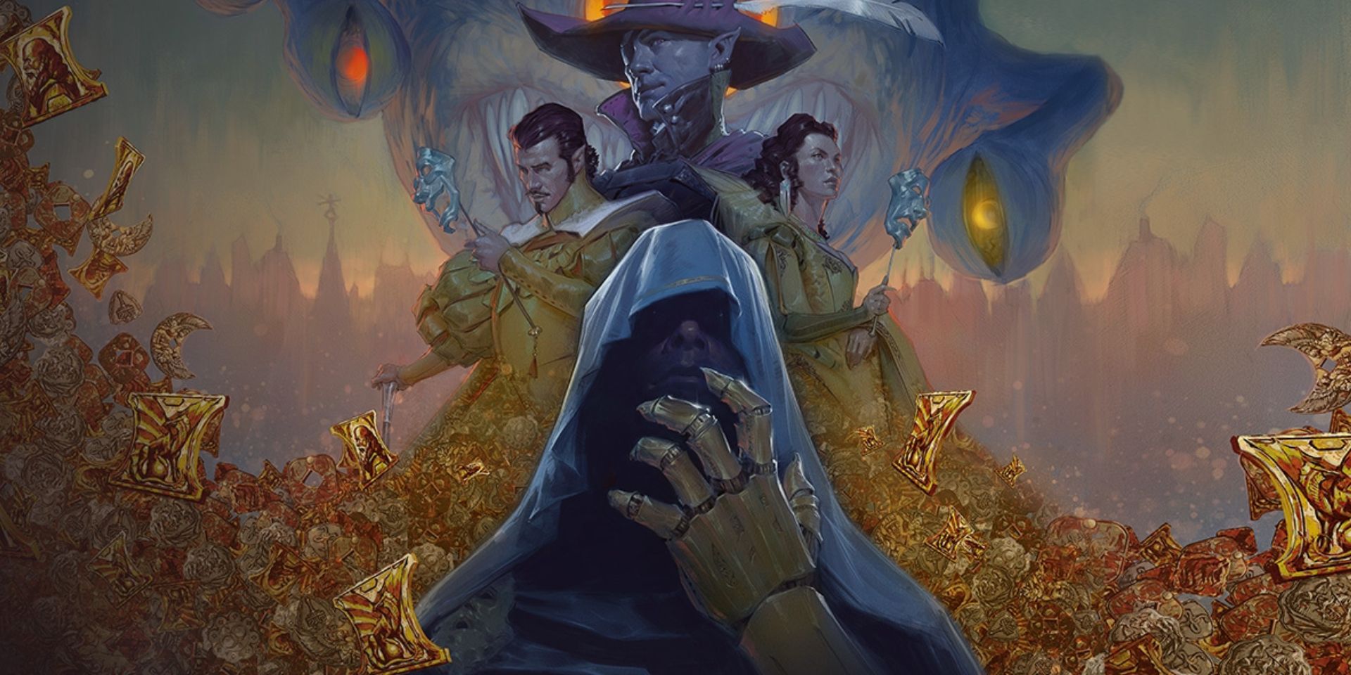 DnD characters and enemies arranged like a movie poster, with a beholder looming in the background and a hooded figure wearing a golden gauntlet in front.