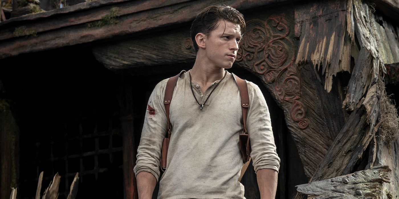 Tom Holland looking at something offscreen in Uncharted.