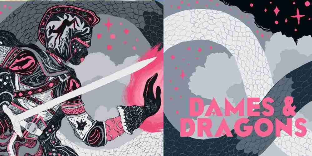 On the left is a portrait of a heroine from Dames and Dragons.