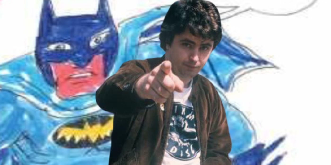 Background image of one of Daniel Johnston&rsquo;s Batman drawings with the singer in the foreground