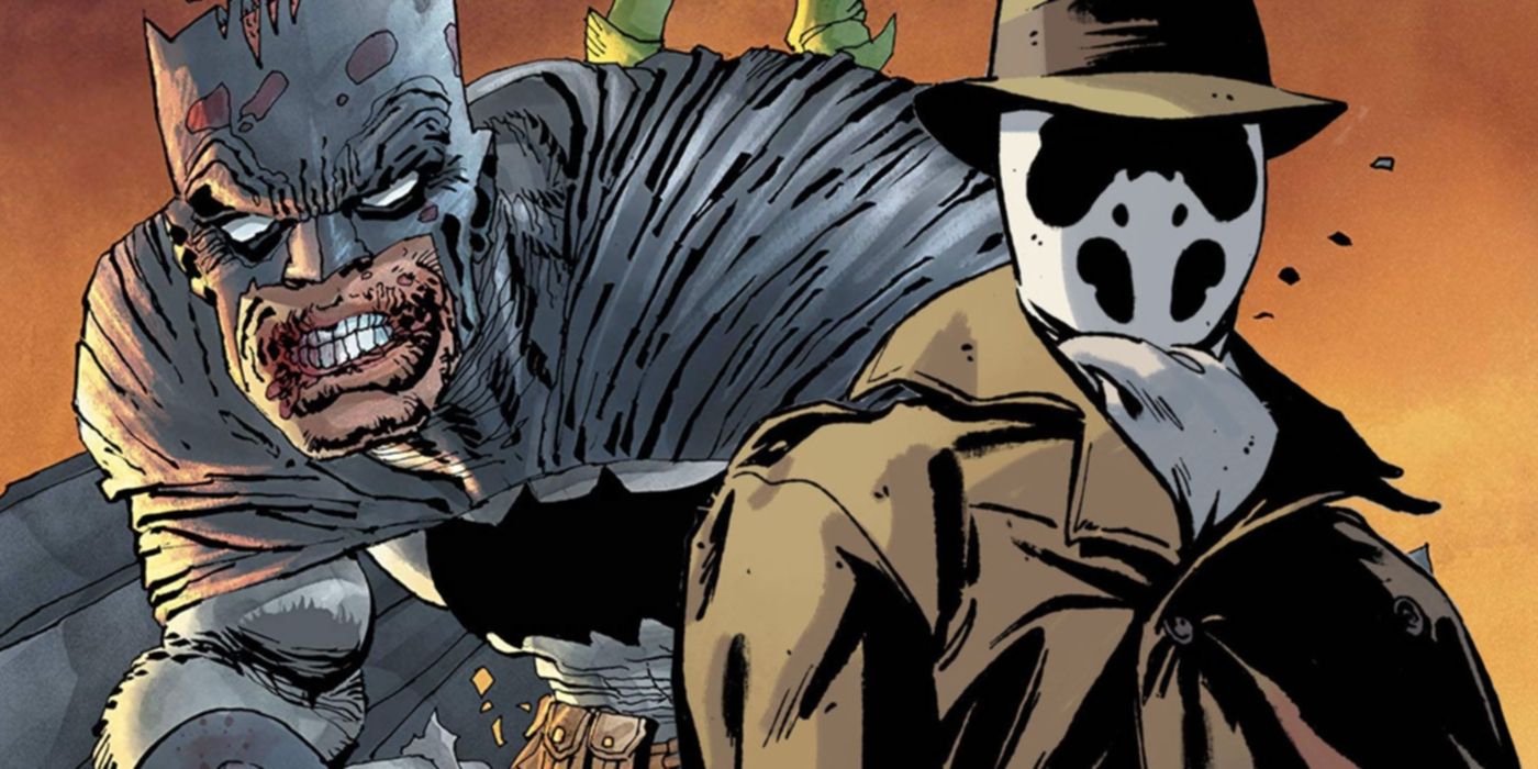 Dark Knight Returns, haggard looking Batman (left); Rorschach from Watchmen (right)