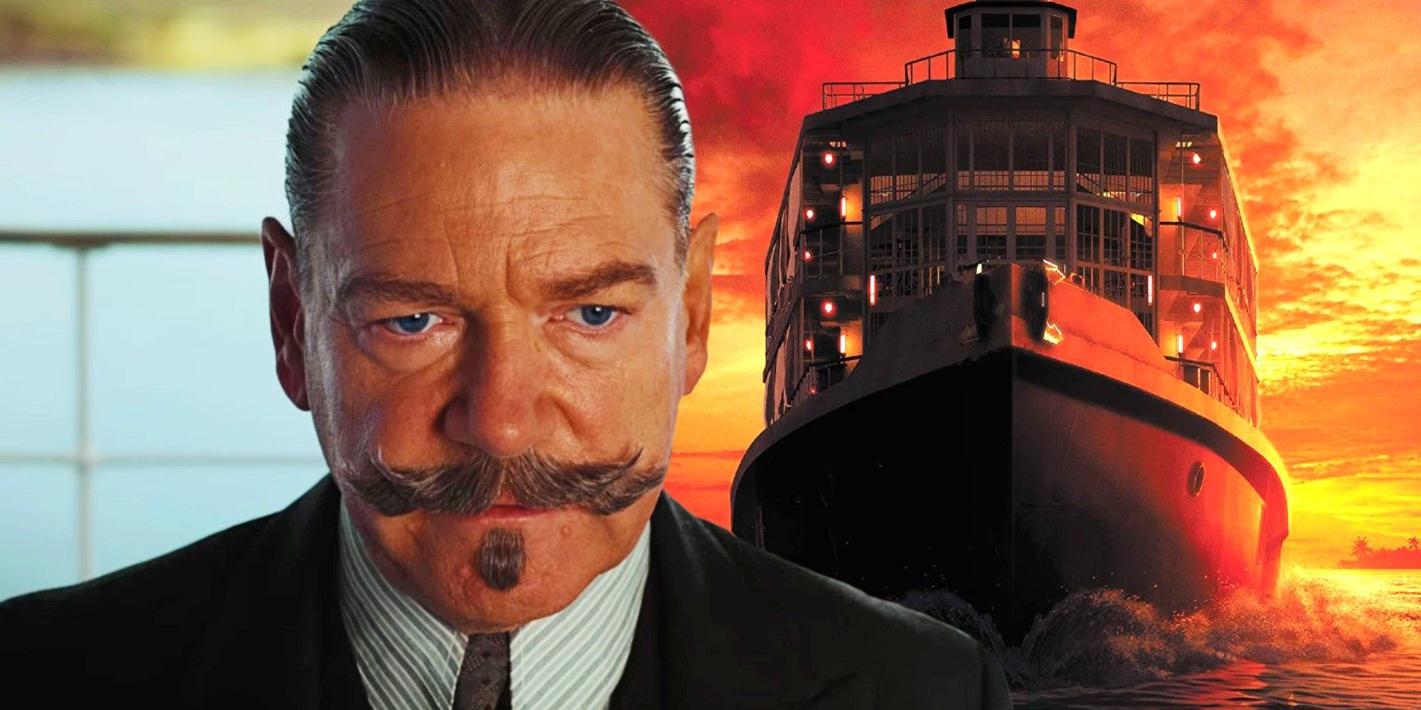 Blended image showing Poirot and a cruise ship in Death on the Nile