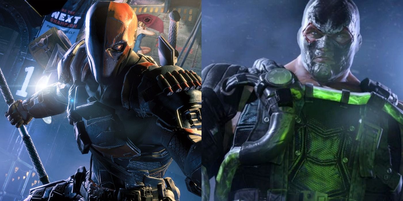 Split image of Deathstroke and Bane in Arkham Origins