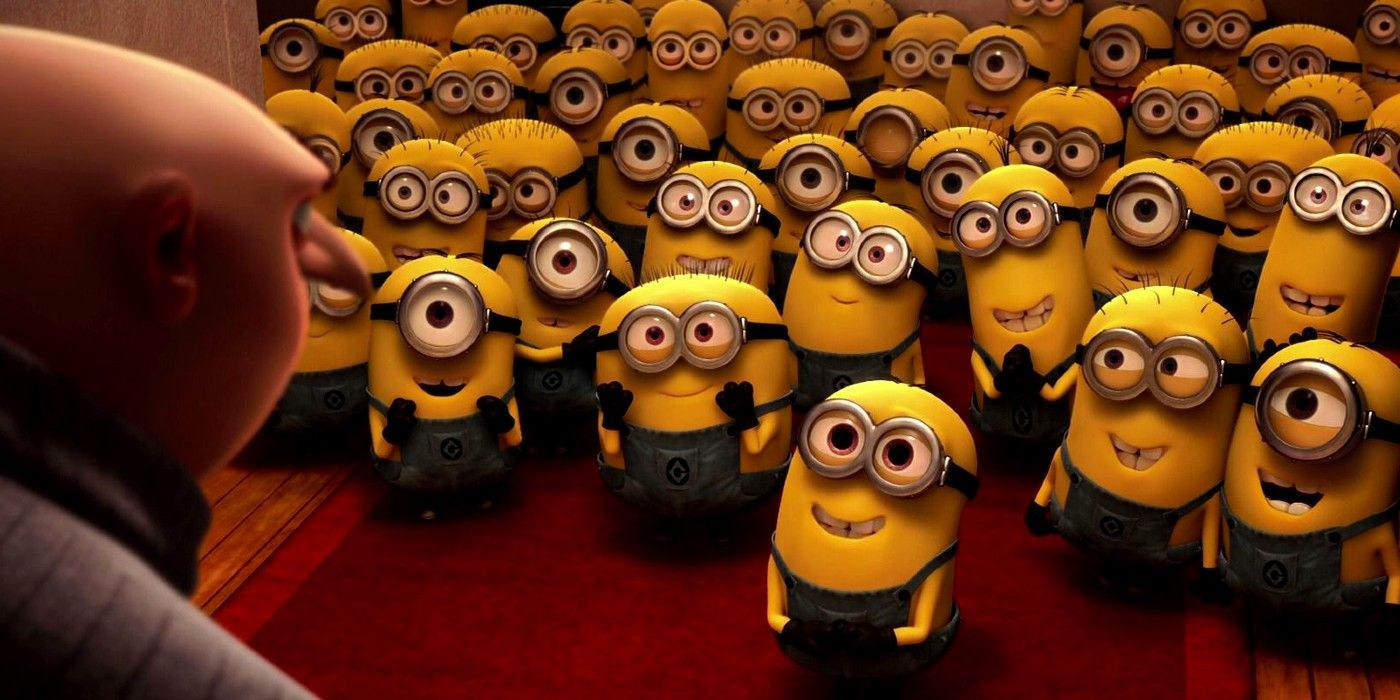 Os minions olham carinhosamente para Gru enquanto ele fala em Meu Malvado Favorito