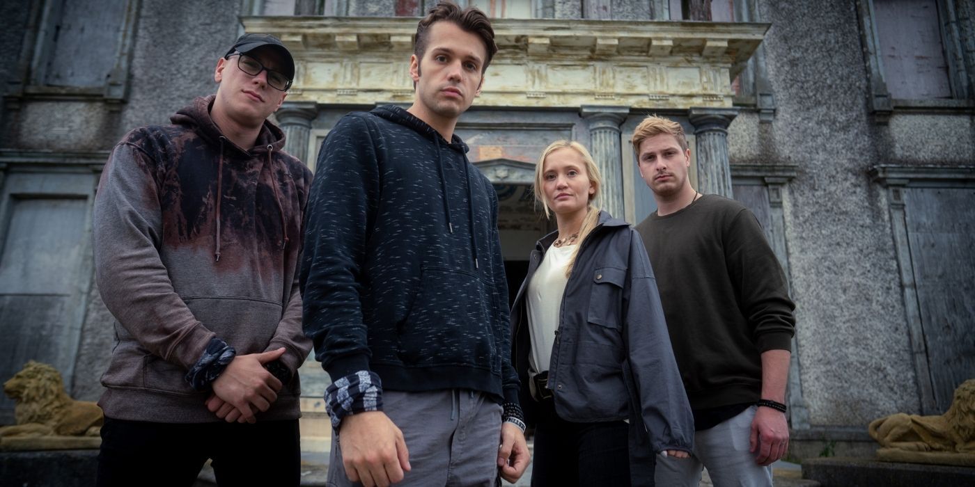The main cast of Destination Fear outside of Loftus Hall