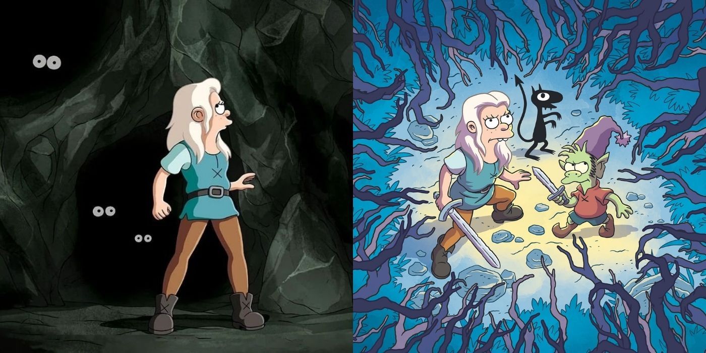 Split image of Bean alone and Bean with Elfo and Luci in Disenchantment