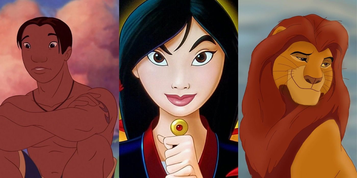 Split image of Disney characters, David from Lilo and Stitch, Mulan and Mufasa from The Lion King