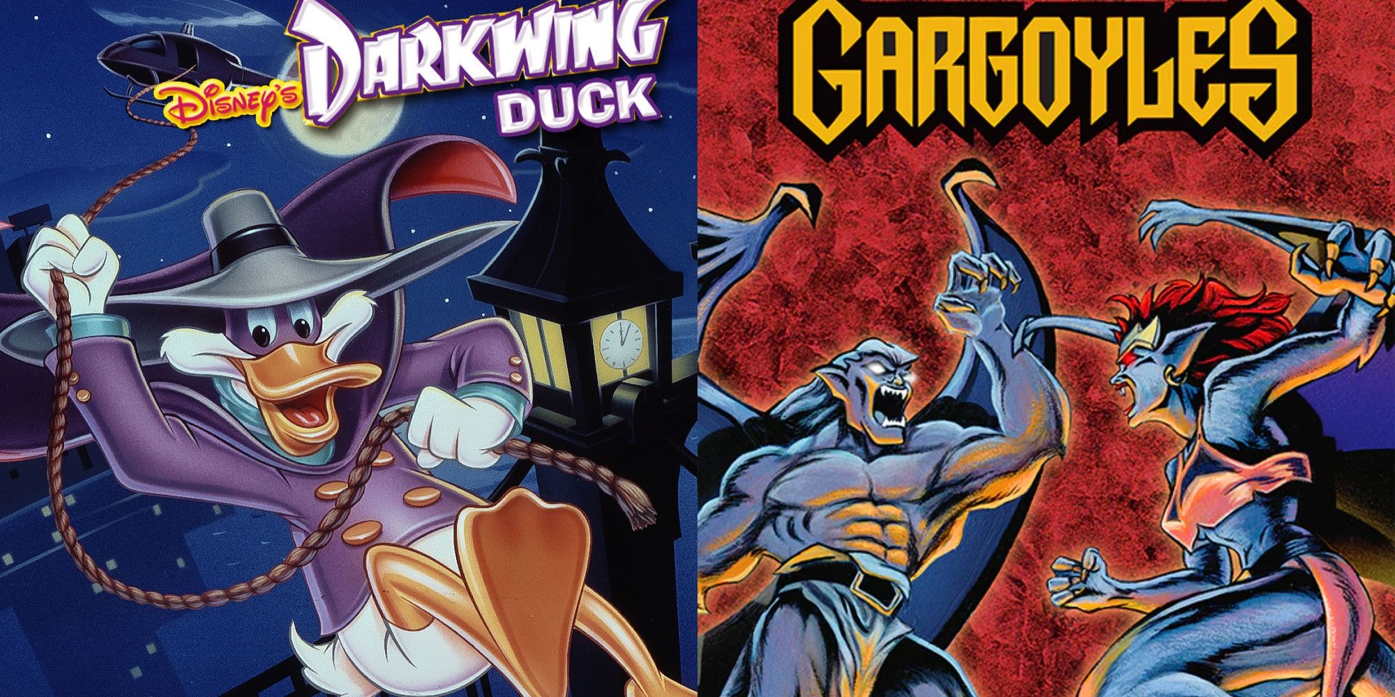 Split image showing posters for Darkwing Duck and Gargoyles