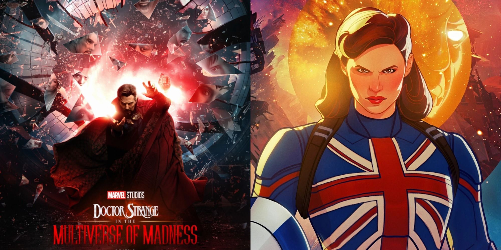 Split image showing the poster for Doctor Strange in Multiverse of Madness and Captain Carter