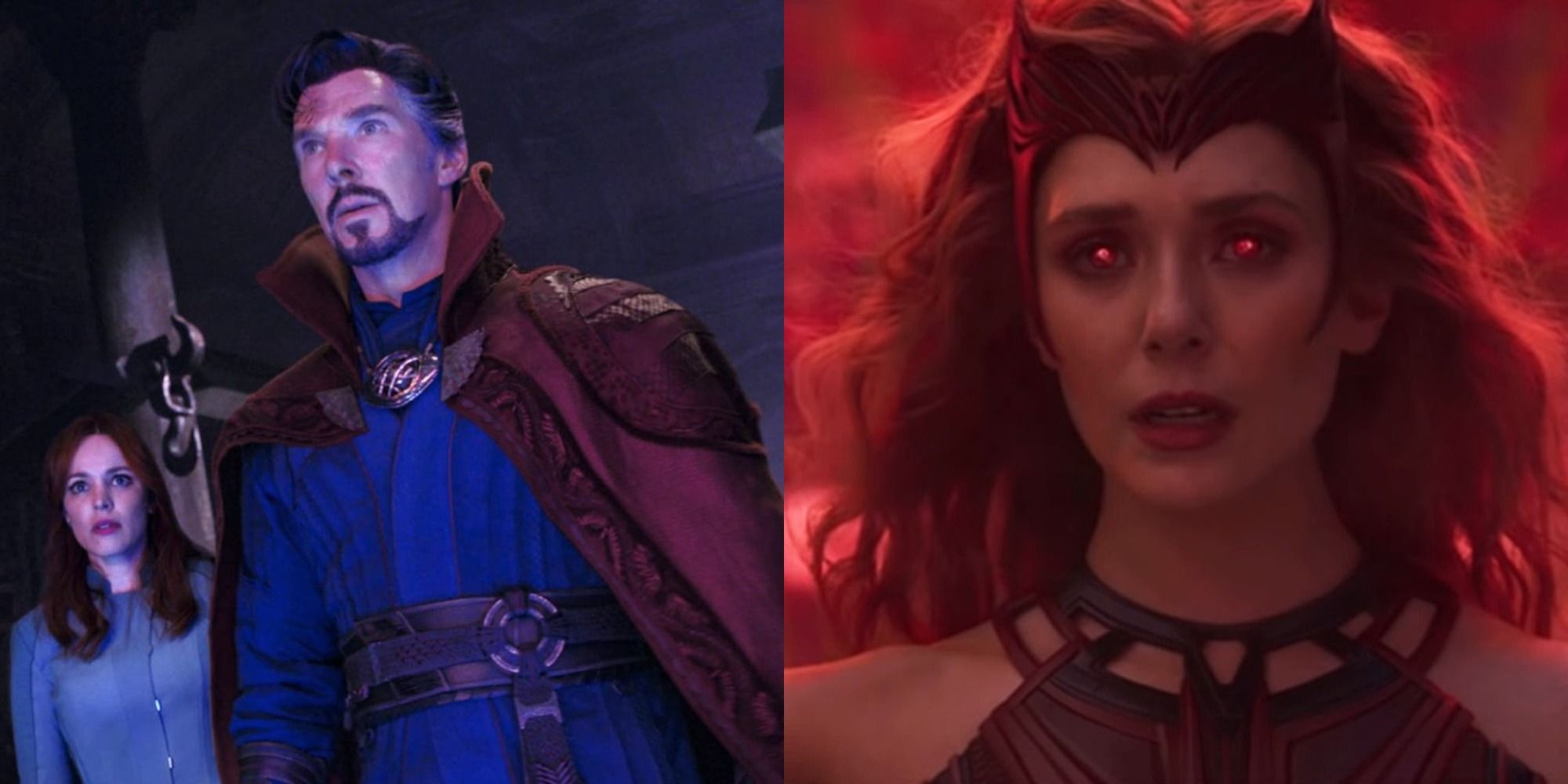 Split image showing Christine and Strange in Multiverse of Madness and Scarlet Witch in WandaVision