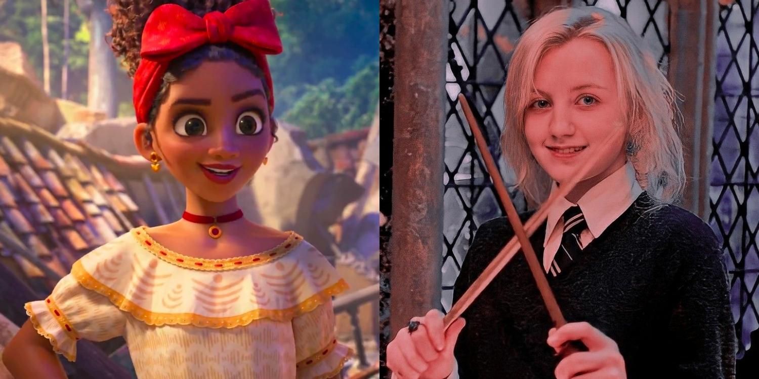 Dolores smiling in Encanto and Luna smiling and holding wands in Harry Potter