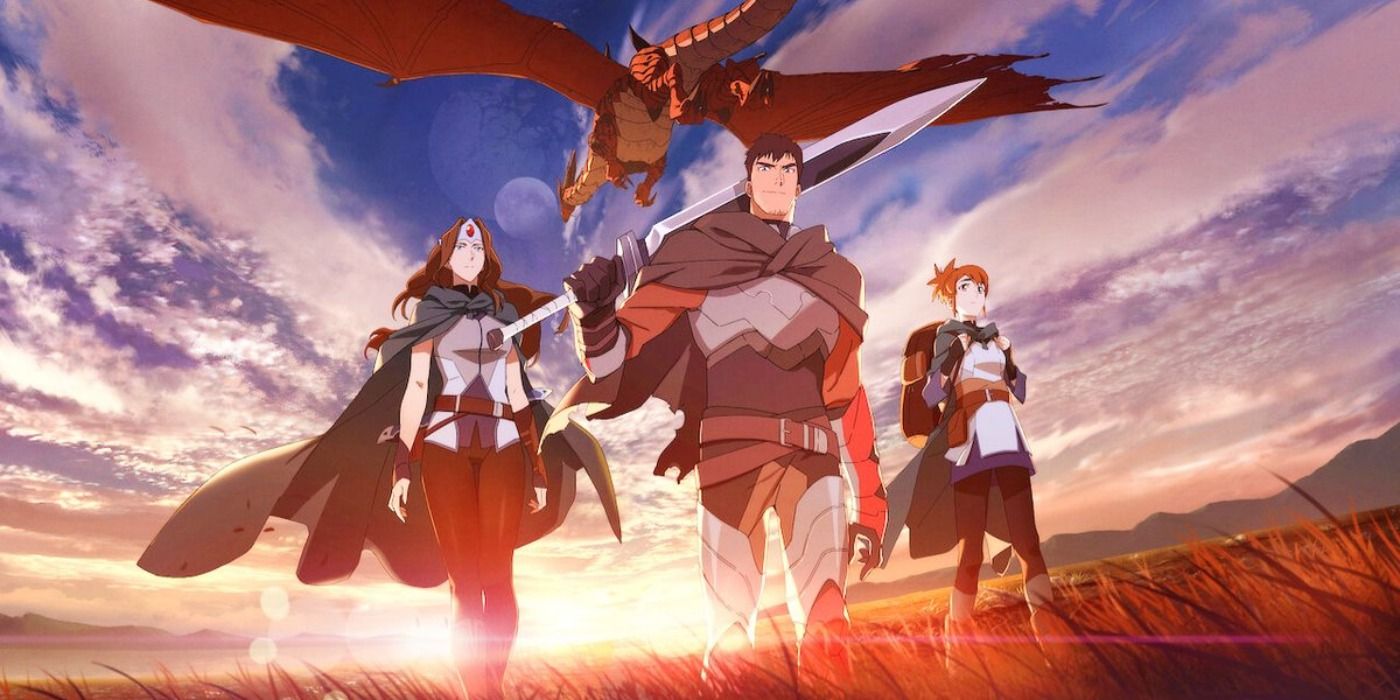Dota: Dragon's Blood promo art featuring Davion, Princess Mirana, and Marci with the dragon Slyrak flying overhead