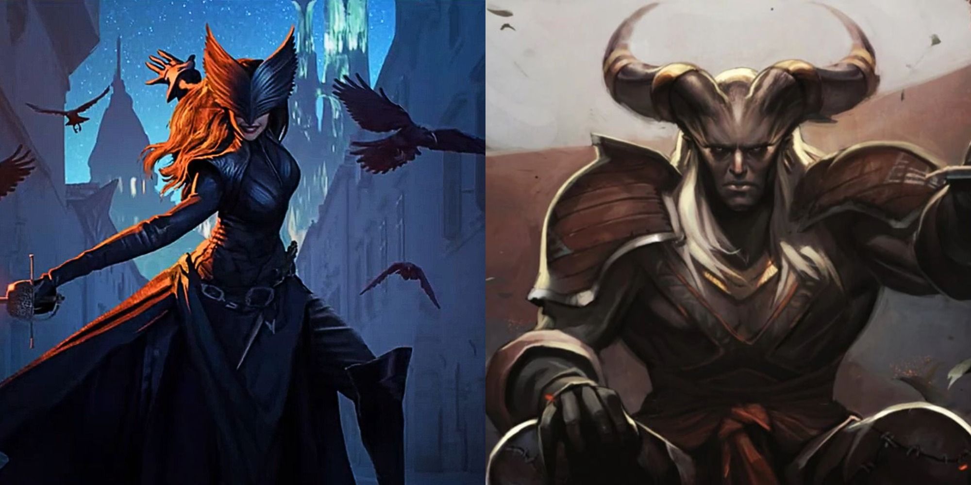 Split image showing a character from Dragon Age 4 and a Qunari